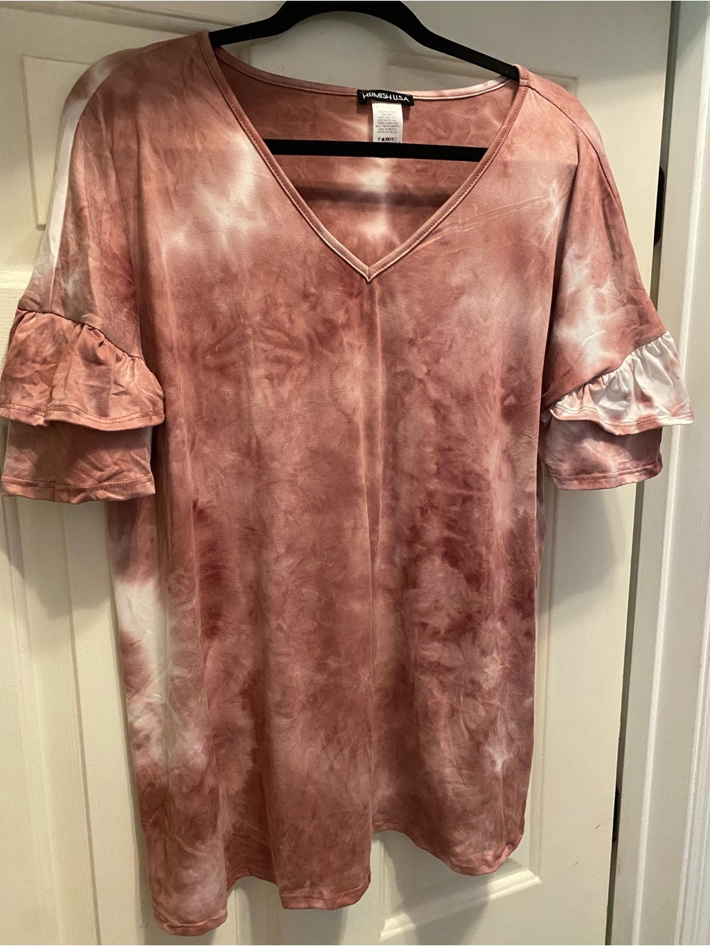 HEIMISH USA 2x Mauve Tie-Dye V-Neck Ruffle Sleeve Tunic